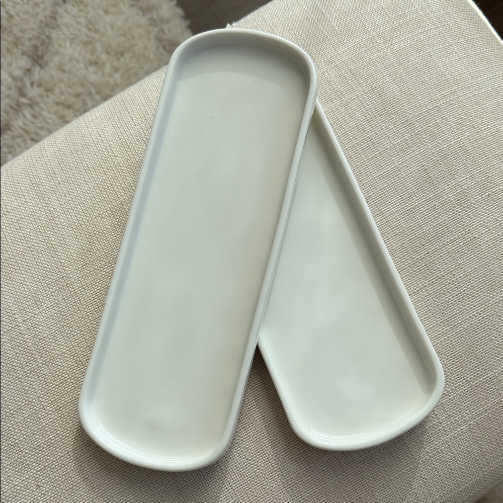 Set of 2 White Ceramic Vanity Trays - 10 x 3.5 inches